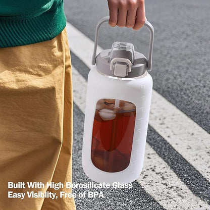 72oz Glass Water Bolttles, 3-in-1 Straw and Sip Spout Handle Lid, Half Gallon Water Bottle with Time Marker and Silicone Sleeve, BPA-Free Sports Water Bottle for Gym, School, White