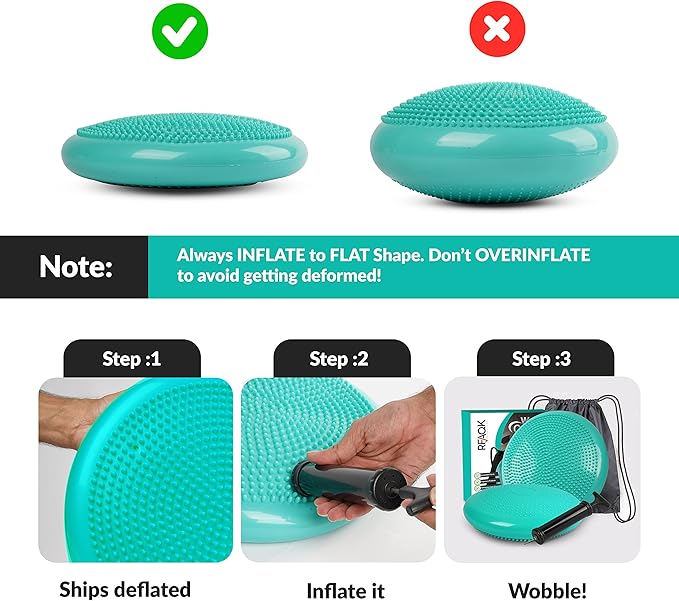 RFAQK Inflated Air Stability Wobble Cushion - Wiggle Seat to Improve Sitting Posture & Attention, Stability Balance Disc for Physical Therapy Exercise [Extra Thick, Pump, Bag, E-Book Included]