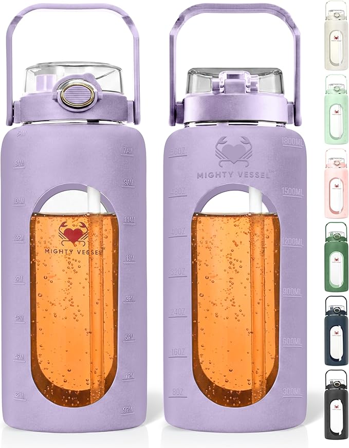 64 Oz Water Bottle with Time Marker & Straw - Violet Pregnancy 2 Liter Glass Water Bottles with Measurements - Daily intake bottle - Leakproof Borosilicate jug