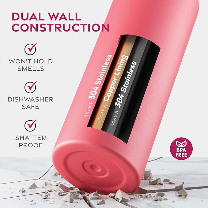FineDine Triple Walled, Insulated Water Bottles with Straw - 25 Oz Stainless Steel Metal Bottle W/ 3 Leak Proof Lids - For Travel, School, Sports, Gym/Men, Women & Kids - Striking French Rose