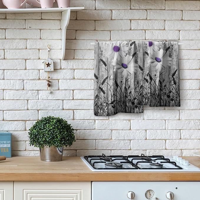 Black White Hand Towels Rustic Purple Daisy Butterfly Farmhouse Absorbent Kitchen Towels Set of 2 Spring Vintage Floral Soft Quick Dry Microfiber Dish Towels For Kitchen Bathroom Gym Face Towel
