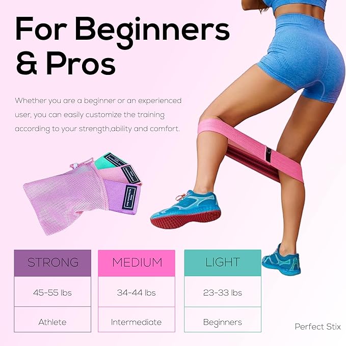 Perfect Stix Booty Bands - 3 Difficulties - Fabric Resistance Bands Set. Non Slip Stretch Bands. Exercise Bands for Legs and Butt. Includes a Pink Mesh Traveling Bag
