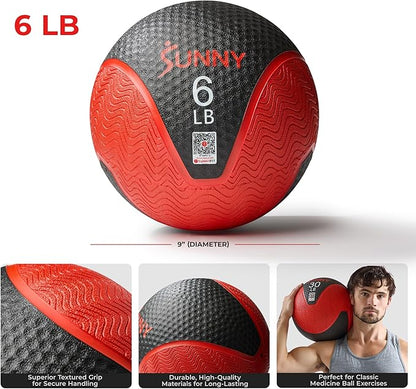 Sunny Health & Fitness Medicine Ball, Textured Rubber, Core Strength & Balance Training, Bouncing, Weight for Home Workouts 4,6,8,10,12,15,20,25,30LB Options