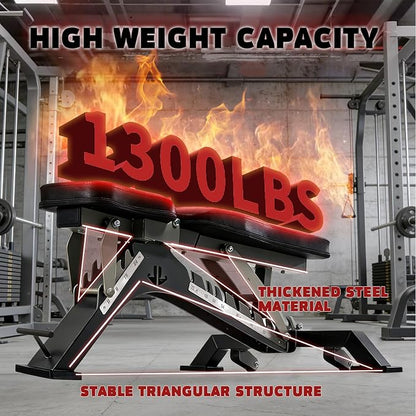 Adjustable Weight Bench 1300 lb Capacity, Foldable Workout Bench with 10 Backrest & 3 Seat Positions, Heavy Duty Home Gym Bench for Incline Decline Flat Dumbbell Training
