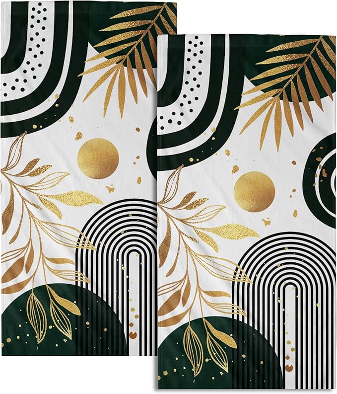 Mid Century Boho Hand Towels Gold Tropical Leaf Art Decorative Absorbent Drying Cloth Tea Towels Set Bohemian Modern Housewarming Gifts for Home Bathroom Spa Gym 2 Pack 14"x28"