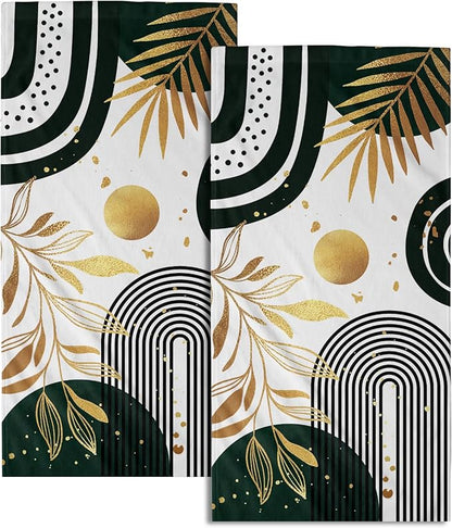 Mid Century Boho Hand Towels Gold Tropical Leaf Art Decorative Absorbent Drying Cloth Tea Towels Set Bohemian Modern Housewarming Gifts for Home Bathroom Spa Gym 2 Pack 14"x28"