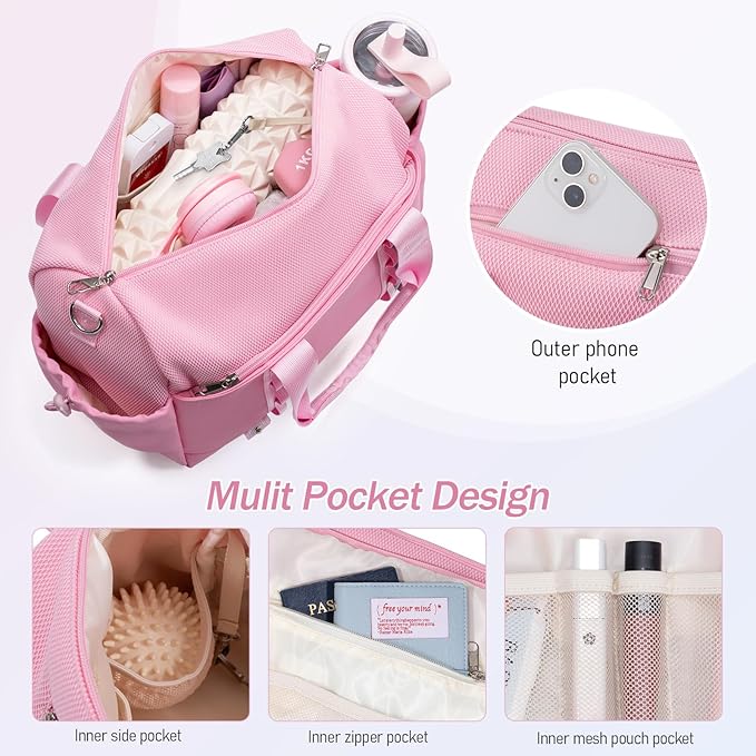 Small Gym Bag with Yoga Mat Holder for Women and Mens Mini Gym Duffle Bag with Wet Compartment and Anti-Theft Zipper 14 inchs Lightweight Gym Tote Bag for Work Out Travel- Pink