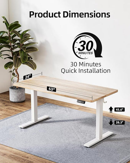 TIQLAB Standing Desk 63 x 24 inch, Electric Height Adjustable Desk with Splice Board, Sit Stand Desk Computer Table for Home Office, White Frame/Maple Top