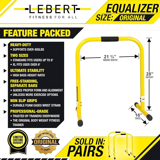 Lebert EQualizer Total Body Strengthener – Portable Dip Station for Full Bodyweight Training – Includes Hip Resistance Band & Online Coaching – Available in Standard & XL Sizes