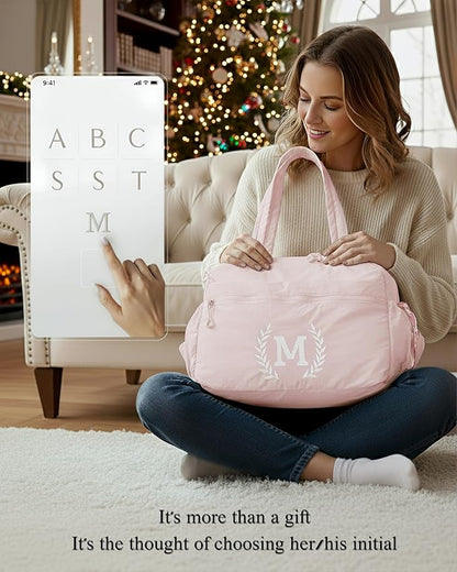 Gift for Women, Kid & Friend, Initial Girls Duffle Bag, Monogrammed Personalized Overnight Weekender, Birthday Gifts for Teen, Mom, Daughter, Grandmother, Dad (Pink, F)
