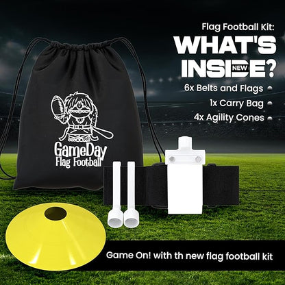 Gameday Flag Football Set – Kits for 2–14 Players w/Belts, Agility Cones & Carry Bag – Available in Multi Colors & Sizes