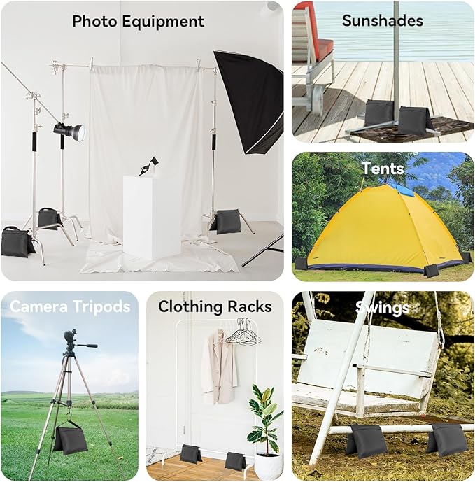 4 Pack Sandbags with 8 Bags & 4 Hooks, Heavy Duty Weight Bags for Stabilizing Stands, Photo Studio Equipment, Tripod, Backdrop Support, Canopy, Tent Base (Empty Sand Bags)