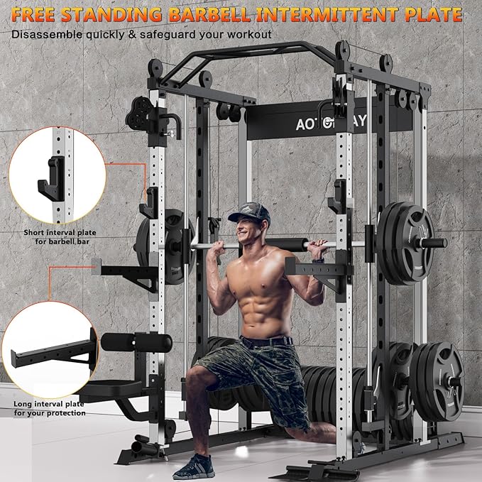 Smith Machine Strength Training Squat Rack with Smith Bar, Power Cage with LAT Pull-Down Systems, Cable Crossover Machine for Home Gym