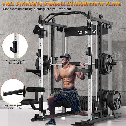 Smith Machine Strength Training Squat Rack with Smith Bar, Power Cage with LAT Pull-Down Systems, Cable Crossover Machine for Home Gym