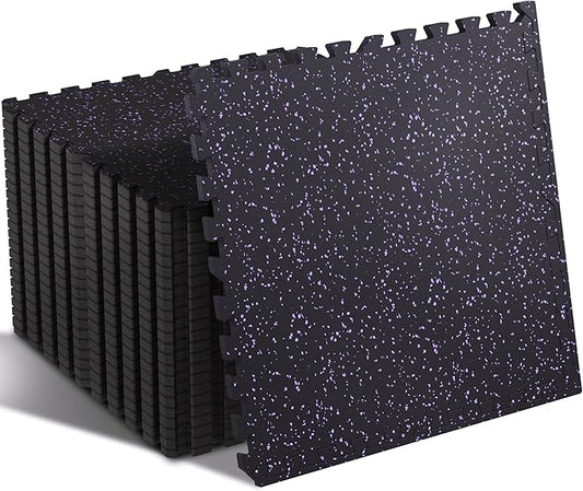 SUPERJARE 0.4'' Thick 24 Pcs 96 Sq Ft Rubber Top Exercise Equipment Mats, High Density EVA Foam Mats with Rubber Top, Interlocking Gym Flooring for Home Gym, Protective Workout Mat, Black/Purple