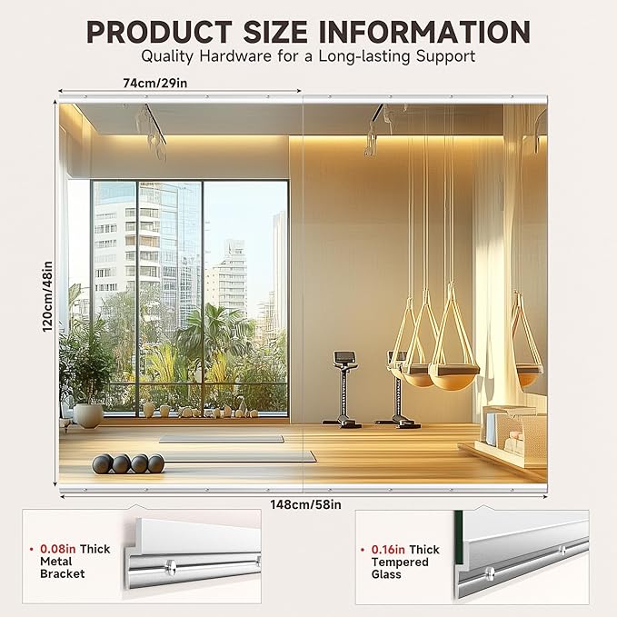 48" x30” 2 Pack Home Gym Mirrors, Large HD Frameless Tempered Glass, Full Body Wall Mount Mirrors for Home Gym, Yoga, Dance Studio, Workout, Silver Clamp Rail