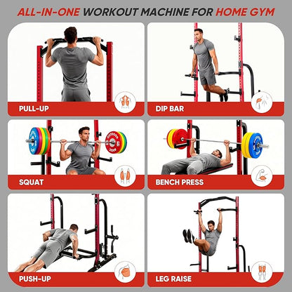 Outdoor Basic Power Cage Squat Rack with Pull-Up Bar & Dip Station, Multi-Functional Home Gym Power Rack Includes J-Hooks, Weight Plate Storage, Barbell Storage, for Weightlifting & Strength Training