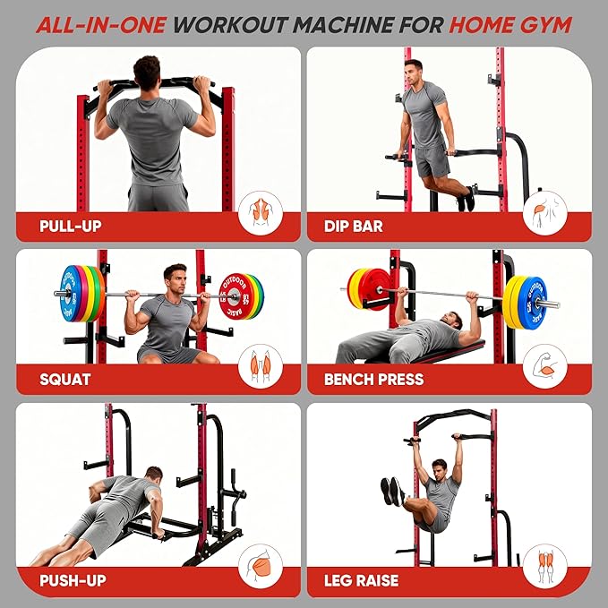Outdoor Basic Power Cage Squat Rack with Pull-Up Bar & Dip Station, 2400LB Capacity, Multi-Functional Home Gym Rack for Weightlifting, Strength Training, Bench Press