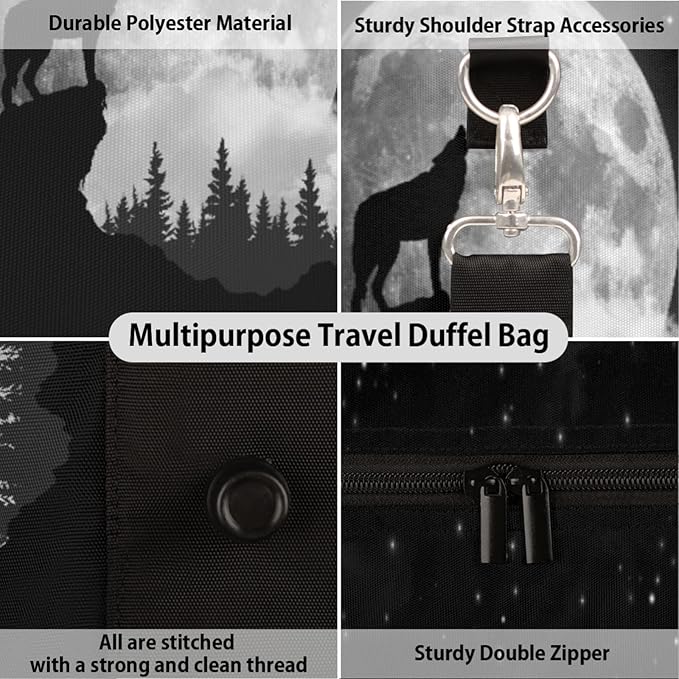 Travel Duffel Bag Wolf Moon Tree Theme Sport Tote Gym Bag Waterproof Foldable Carryon Weekend Overnight Training Handbag Sports Duffle Bags for Women Men Boys Girls