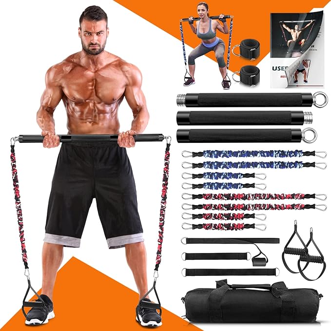 DASKING Portable Home Gym Resistance Band Set With8 Anti-Break Bands, Detachable 500LBS Pilates Bar, Full Body Workout Equipment w/Ankle Straps & Door Anchor