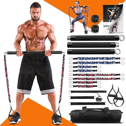 DASKING Portable Home Gym Resistance Band Set With8 Anti-Break Bands, Detachable 500LBS Pilates Bar, Full Body Workout Equipment w/Ankle Straps & Door Anchor