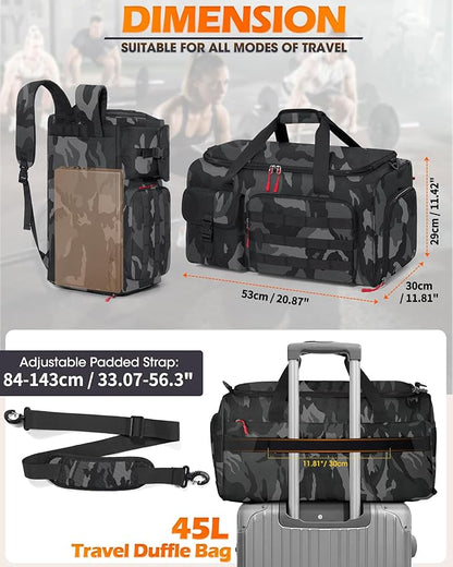 RAINSMORE Gym Bag for Men, 45L Sports Travel Duffel Bag with Shoe & Laptop Compartment, Gym Workout Backpack Carry On Weekender Bag Overnight Backpack for Travel, Black Camo