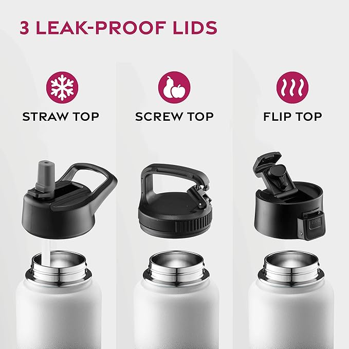 FineDine Water Bottle - Stainless Steel Insulated Water Bottle with Straw Lid, Flip Lid & Wide-Mouth Cap - Keeps Hot and Cold - 25 Oz / 739ml - Dreamy Black-White