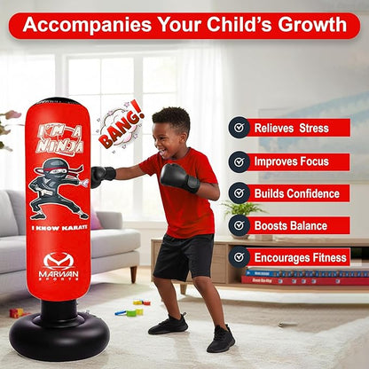 Marwan Sports Punching Bag for Kids with Boxing Gloves Ages 4-12 – 63" Inflatable Boxing Bag for Kids, Fast Rebound Set, Christmas & Birthday Gift for Boys & Girls
