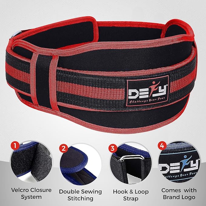 DEFY Weight Lifting Belt Lumbar Support with Neoprene Double Back Belt 5 Inches Wide Gym Training Fitness Exercise Bodybuilding Firm and Comfortable with Back Injury Protection