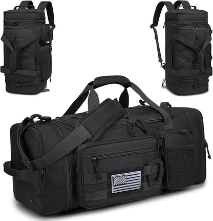 3 in 1 Tactical Gym Bag Backpack for Men 40-45L Expandable Travel Duffle Bag for Women Large Military Sport Duffel Bags Weekend Overnight with Shoe Compartment & Wet Pocket for Fitness, Black