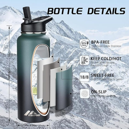 StarSpeed 40oz Insulated Water Bottle with Straws & 2 Lids, Stainless Steel Double Walled Vacuum Water Flask, Wide Mouth Sports Water Bottle for Gym Camping Hiking, Indigo Crush