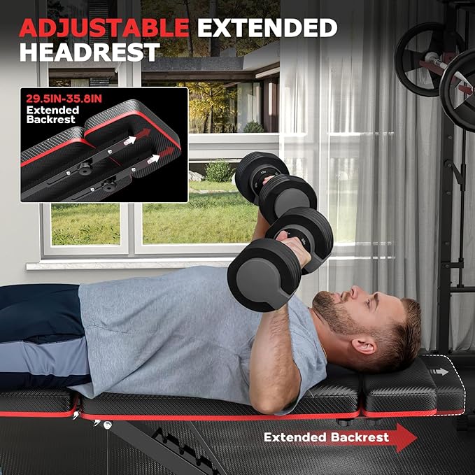 Foldable Workout Bench, Adjustable Weight Bench for Home Gym with Leg Extension, Preacher Pad, Extended Headrest, Collapsible Bench Press Full Body Workout Strength Training Banco de Pesas