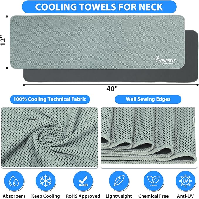 SYOURSELF Cooling Towel, Cooling Towels for Neck,40" x 12"Ice Towel for Instant Cooling Relief, Soft Breathable Chilly, Perfect Yoga, Golf, Sports, Gym, Workout, Athletes Towel (1PC-Grey)