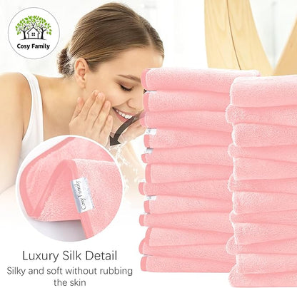 Cosy Family 24 Pack Soft Washcloths Set - 12 x 12 inches, Quick Drying - Highly Absorbent Coral Velvet Fingertip Towel Bathroom Wash Clothes for Bath, Spa, Facial, Kitchen - Pink