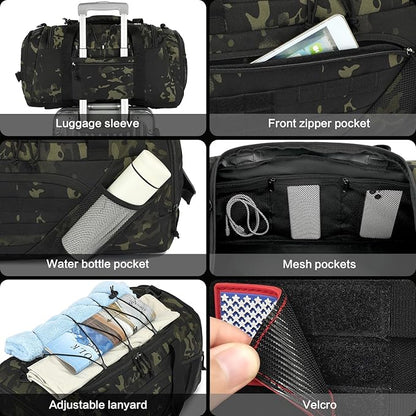 3-in-1 Tactical Gym & Travel Duffle Bag Backpack Men Multi-Functional 45L Military Sports Duffle Bag with Shoe Compartment & Wet Pocket for Workout Weekender Overnight Bag with Molle Webbing, Camo
