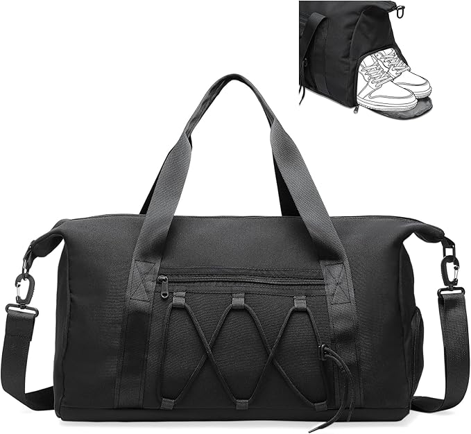 Lightweight Gym Bag for Men & Women, Water Resistant Sports Duffel Bag with Shoe Compartment & Wet Pocket for Travel Weekender & Fitness, Black