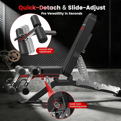 Commercial Adjustable Weight Bench, 1800LBS Heavy Duty Workout Bench for Home Gym Strength Training, Removable Leg Holder for Flat/Incline/Decline Sit Up & Full Body Workout