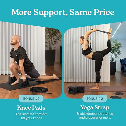 PRO Yoga Blocks | Ergonomic Yoga Block 2 Pack for Wrist Comfort and Support | EVA Foam Exercise Blocks, 2x Knee Pads & Yoga Strap | Pilates Block Set | Bricks to Eliminate Wrist Pain