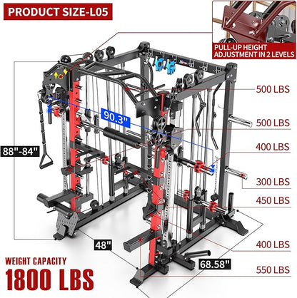 Multi-Purpose Squat Rack,Smith Machine Weight Rack Set with Cable Crossover System, Home Gym Power Racks, Power Racks and Packages