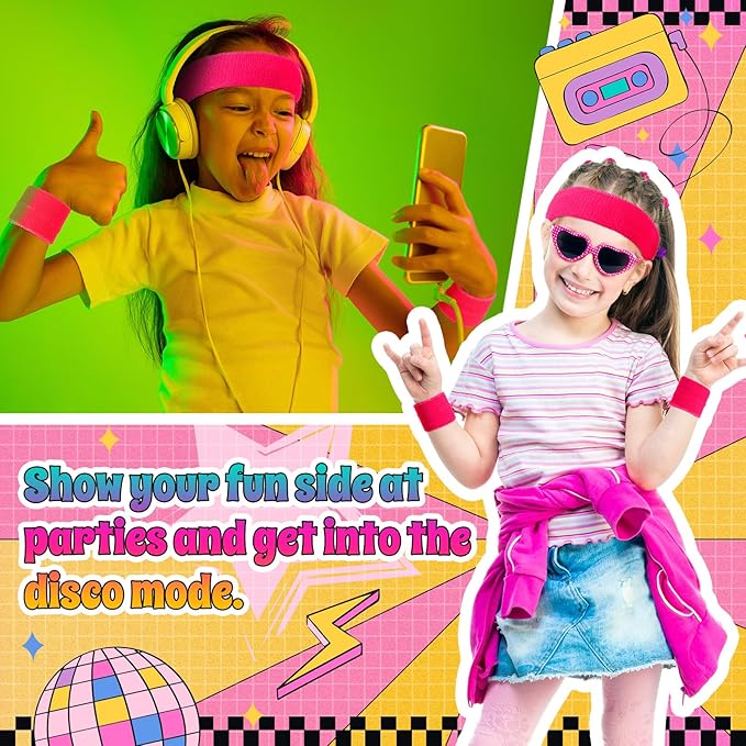 3 Pack Neon Sweatbands Set 80s Wristband and Headband Color War Accessories Sports Sweatbands for Summer Ball Party
