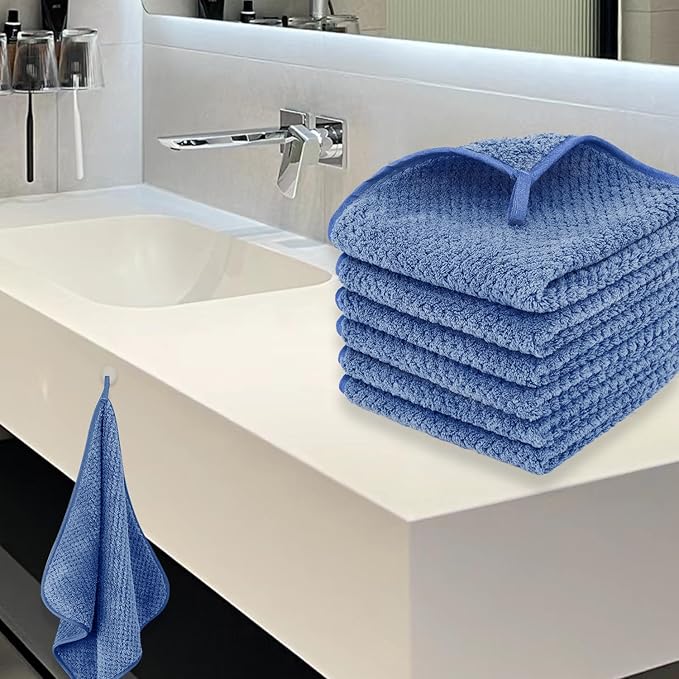 6 Pack Washcloth Set Towels - Quick Drying & Absorbent Microfiber Gym Towels 13x13 inches - Lightweight & Thin Yoga Towels - Multi-Purpose Camping Towels for SPA, Hotel & Bathroom, Blue