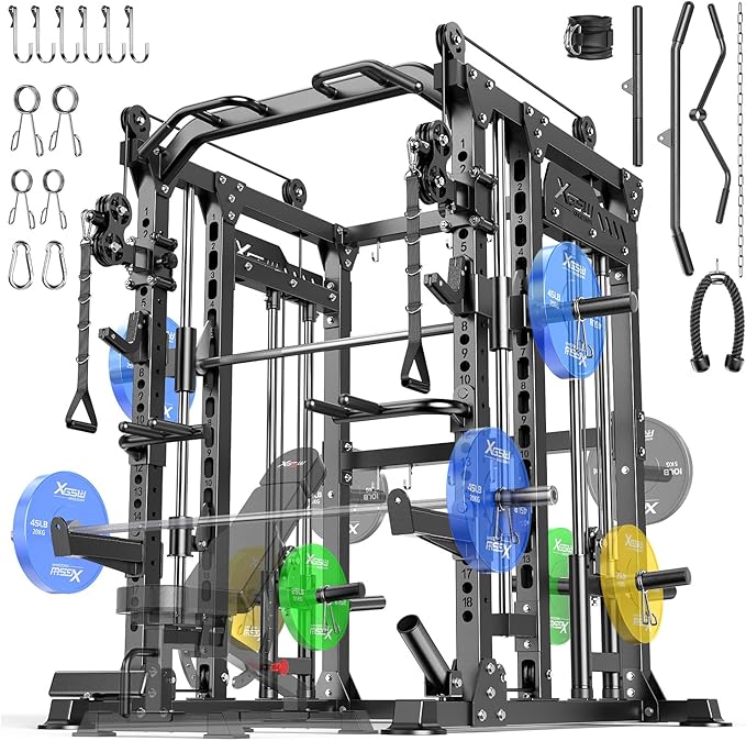 Multi-Purpose Squat Rack,Smith Machine Weight Rack Set with Cable Crossover System, Home Gym Power Racks, Power Racks and Packages