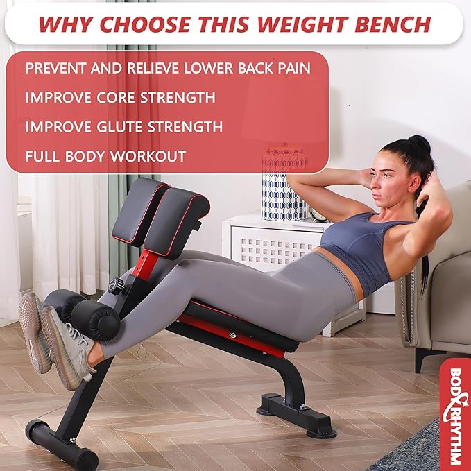 BODYRHYTHM Compact Adjustable Weight Bench for Full Body Strength Training, Ab/Back Hyper Roman Chair, Adjustable Ab Sit up Bench, Incline Decline Bench, Flat Bench, Hyperextension Bench, Back Extension Machine