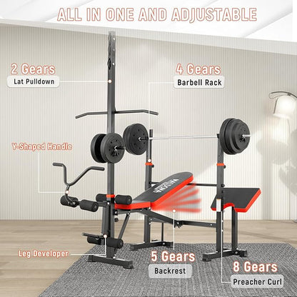 1500LB 8 IN 1 Weight Bench with Lat Pulldown and Leg Extension/Curl, Foldable Bench Press with Preacher Curl & Rack, Workout Benches with Safety Bar Catches for Home Gym(US Stock)