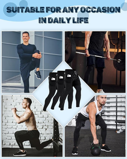 3 Pcs Men's 2 in 1 Athletic Running Pants Quick Dry Gym Workout Compression Pants with Pockets Towel Loop