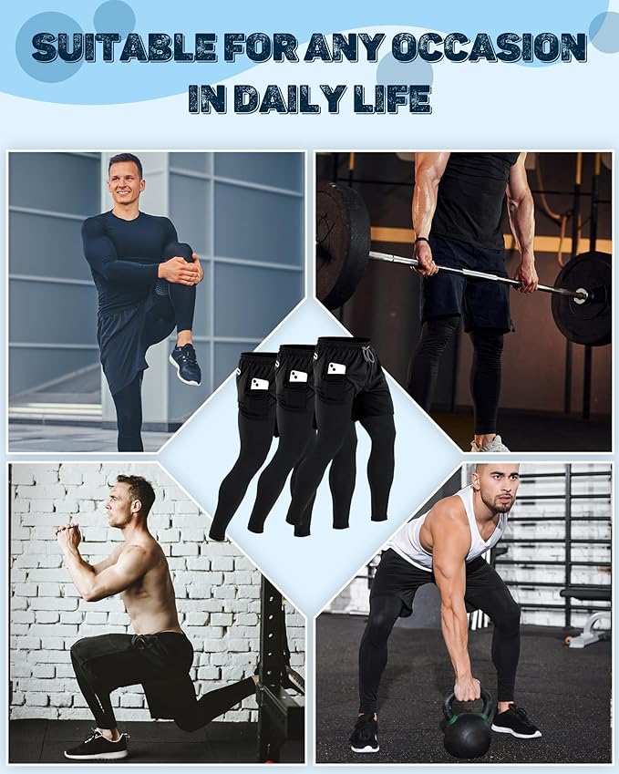 3 Pcs Men's 2 in 1 Athletic Running Pants Quick Dry Gym Workout Compression Pants with Pockets Towel Loop
