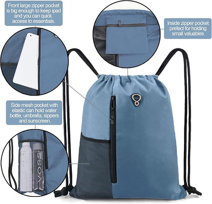 BeeGreen Blue Drawstrings Backpack Gym Sack For Men With Water Bottle Pocket &Front Zippered Pocket Large Sting Bags For WomenTraveling Yoga Beach Outdoor Gym