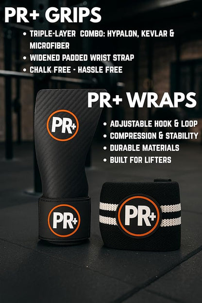 PR+ Gymnastics Hand Grips for Pull Ups Weightlifting and Cross Training - No Hole - Chalk Free - Triple Layer Hand Protection - Optional Wrist Wraps