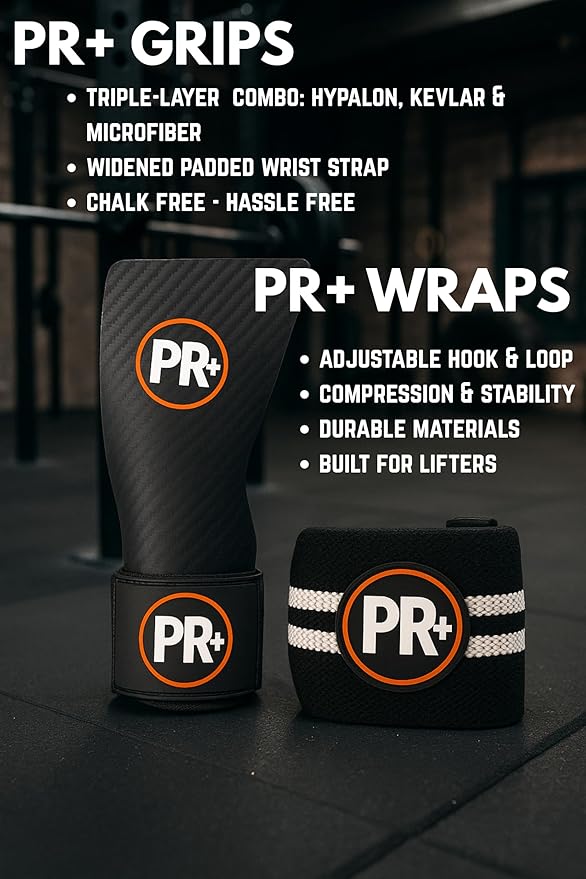 PR+ Gymnastics Hand Grips for Pull Ups Weightlifting and Cross Training - No Hole - Chalk Free - Triple Layer Hand Protection - Optional Wrist Wraps