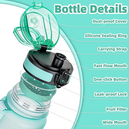 OLDLEY 32 oz Water Bottle, Motivational Water Bottle with Time Marker, Sports Water Bottle With Strap, Leakproof & BPA Free Large Water Bottles for School, Gym, Travel, Outdoor, Tritan,Green&Pink